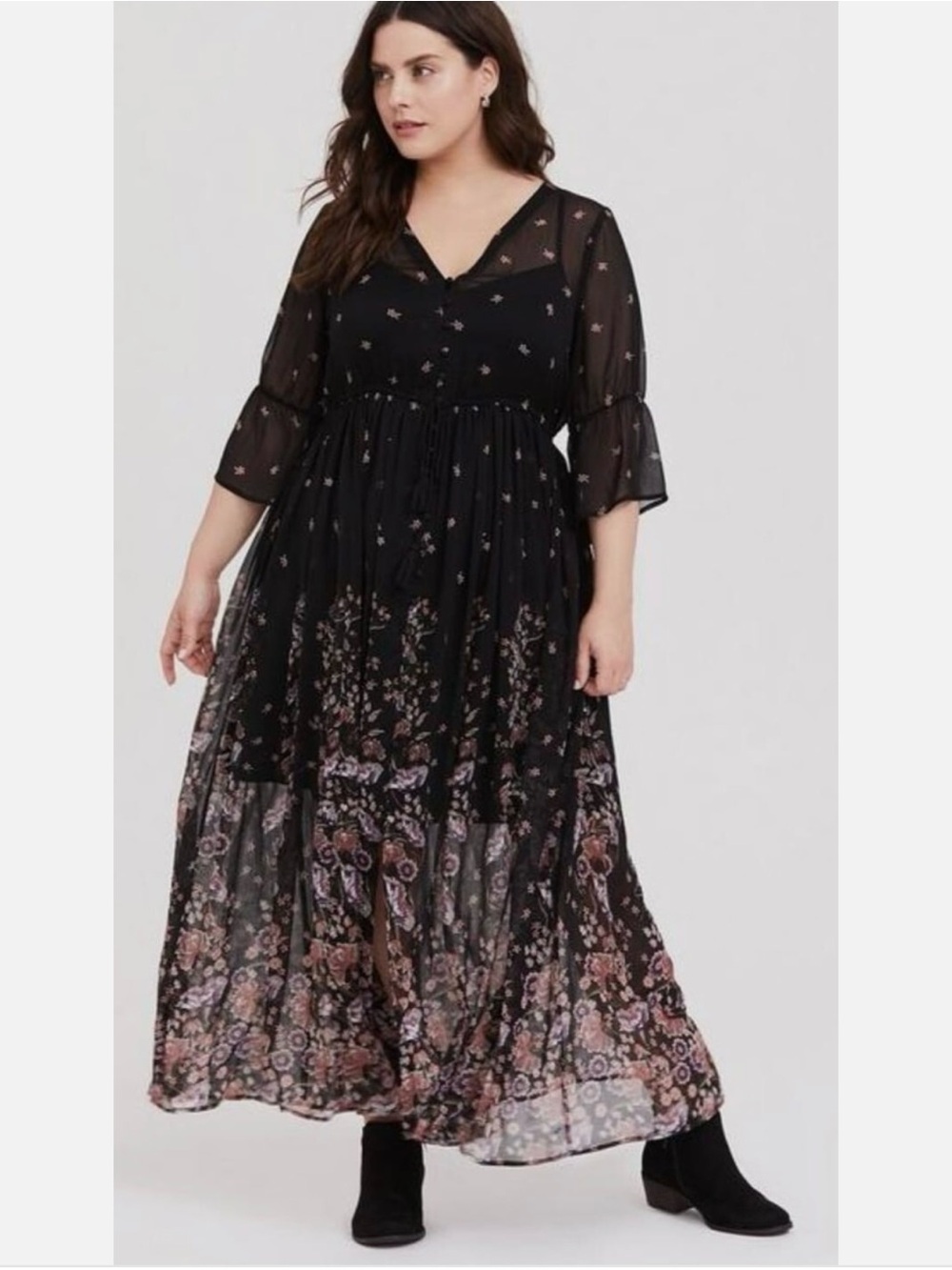 Torrid Black Floral Semi Sheer Chiffon Crinkled Button Front Maxi Dress Size 2X